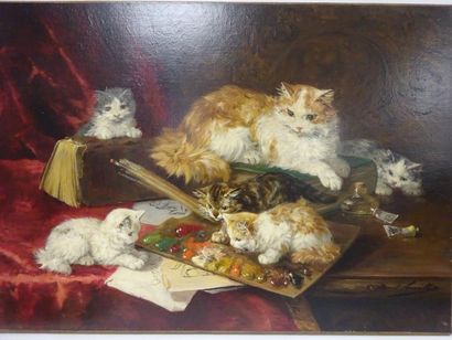 Alfred Arthur BRUNEL DE NEUVILLE (1852-1941) 

Chats à la palette du peintre. 

Huile...