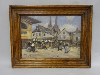 Dans le goût de Fernand LEGOUT-GÉRARD (1856-1924) 

Scène de marché en Bretagne.

Huile...