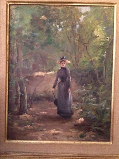 Madeleine CARPENTIER 

Élégante au chapeau de paille. 1890.

Huile sur toile.

Signée,...