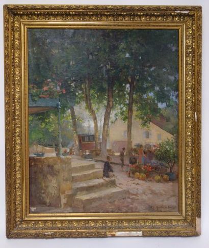 Paul Louis Martin des Amoignes (1850-1925) 
Vue de marché. 1894.
Huile sur toile.
Signée...
