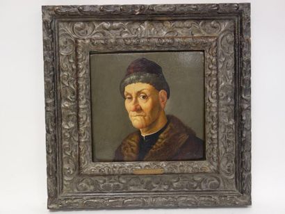 Dans le goût d'Antonello da Messine 

Portrait de vieil homme au chapeau. 

Huile...