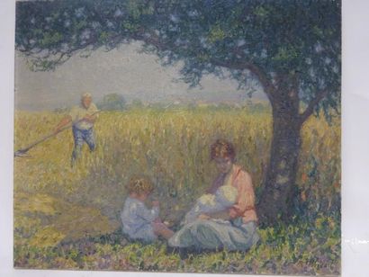 Raymond THIBÉSART (1874-1968). 

Moisson à Vaux, 1913.

Huile sur toile. 

Signée...