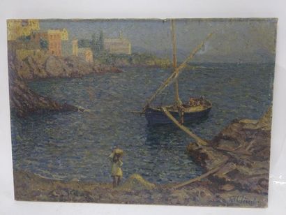Raymond THIBESART (1874-1968) 

Le débarquement de la pêche en côte rocheuse. 

Huile...