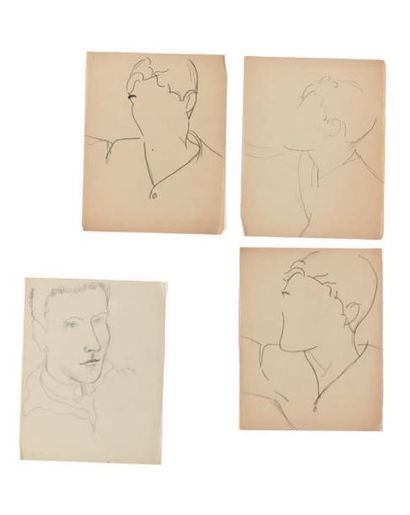 Jean COCTEAU (1889-1963)  Lot comprenant quatre dessins à la mine de plomb sur papier...