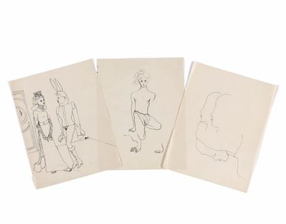 Jean COCTEAU (1889-1963) 
Lot de trois dessins à l'encre sur papier comprenant:
-...