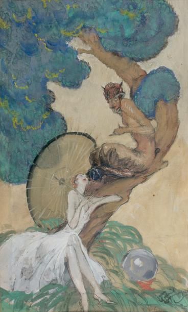 Jean Gabriel DOMERGUE (1889-1962) 
Elégante charmée par un faune, 1925.
Aquarelle...