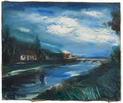 Maurice de Vlaminck (1876-1958) 
Paysage avec pont.
Huile sur toile.
Signée en bas...