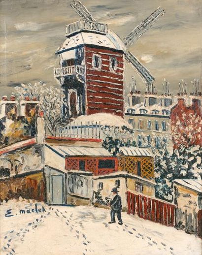 Elisée MACLET (1881-1962) 
Le Moulin de la Galette sous la neige.
Huile sur toile.
Signée...
