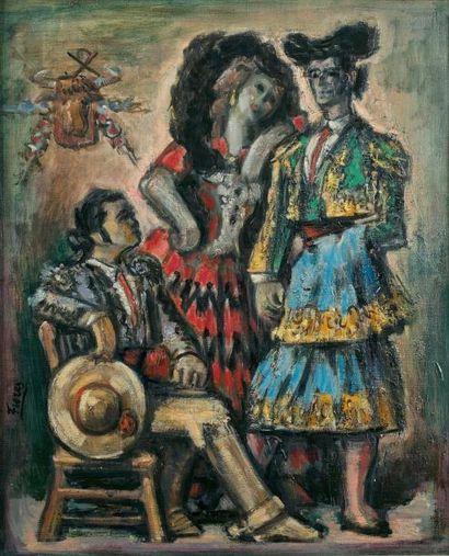 Pedro FLORES (1897-1967) 
Torero y maja.
Huile sur toile.
Signée en bas vers la gauche.
61...