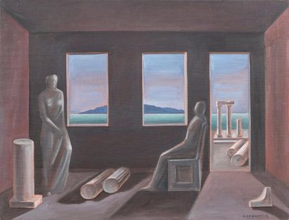 Sarandis KARAVOUSIS (1938) 
Temple en bord de mer.
Huile sur toile.
Signée en bas...