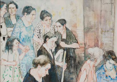JEAN JANSEM (1920-2013) 
Femmes en procession, 1988.
Huile sur toile.
Signée en haut...