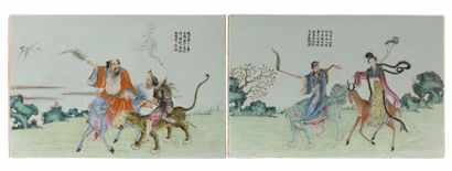 CHINE - Fin XIXe siècle 
Deux plaques rectangulaires en porcelaine et émaux polychromes...