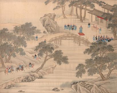 CHINE - XIXe siècle 
Encre sur soie, dignitaires devant un temple et un pont attendant...