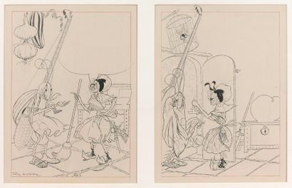 Félix Lorioux (1872-1964) 
La Cigale et la Fourmi.
Deux dessins à l'encre de Chine...