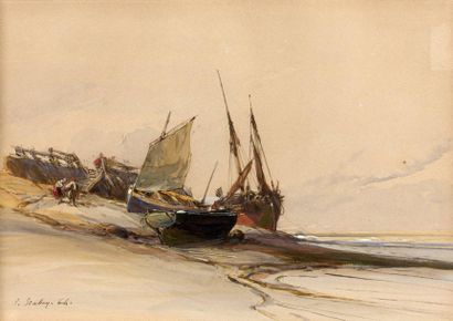 Eugène ISABEY (1804-1886) 
Bateaux à marée basse, 1864.
Aquarelle et gouache sur...