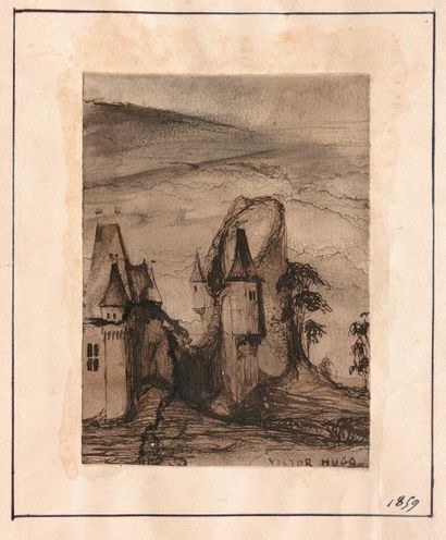 Victor Hugo (1802-1885) 
Le Château médiéval.
Encre et lavis sur papier fort contrecollé...