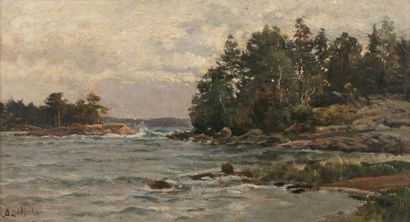 Berndt Adolf LINDHOLM (1841-1914) 
Paysage lacustre aux pins.
Huile sur toile.
Signée...