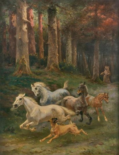 Pierre Auguste BRUNET HOUARD (1829-1922) 
Chevaux et chien effrayés par un ours.
Huile...