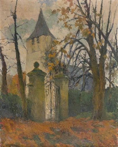 Marcel COUCHAUX (1877-1939) 
L'église.
Huile sur toile.
Signée en bas à droite.
81...