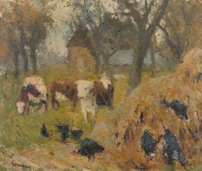 Marcel COUCHAUX (1877-1939) 
Dindons et vaches devant la ferme.
Huile sur toile.
Signée...