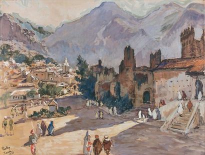 Henri Jean PONTOY (1888-1968) 
Rue animée, vue de chefchaouen.
Gouache sur papier.
Signée,...