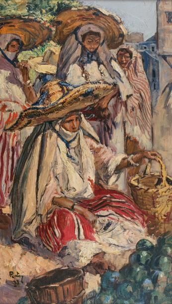Henri Jean PONTOY (1888-1968) 
La vendeuse de pastèque.
Huile sur toile.
Signée en...