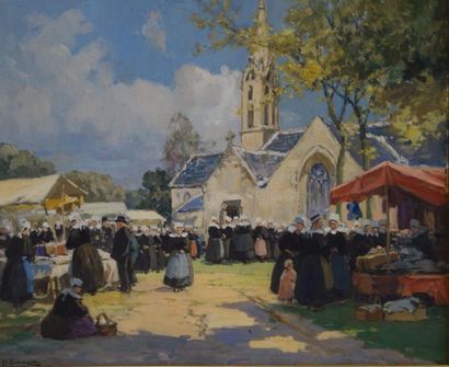 Henri Alphonse BARNOIN (1882-1940) 

Marché devant l'église bretonne.

Huile sur...