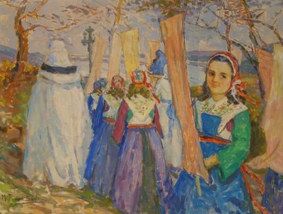 Mary PIRIOU BAZIN (1881-1956) 

Procession à Plougastel-Daoulas.

Huile sur toile.

Signé...