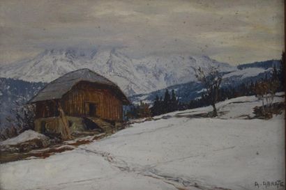 Angelo ABRATE (1900-1985) 

Paysage de montagne. 

Huile sur panneau. 

Signée en...