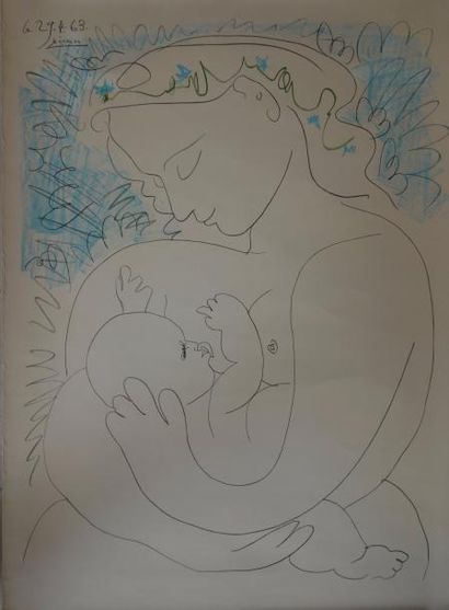 D'aprés Pablo Picasso (1881-1973) 

Maternité, 1963. 

Lithographie offset en couleurs.

Signée...
