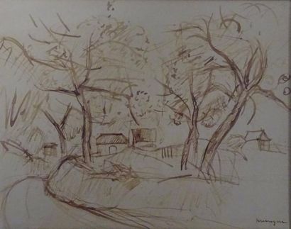 Pinchus KREMEGNE (1890-1981) 

Route arborée. 

Dessin à l'encre brune. 

Signé en...