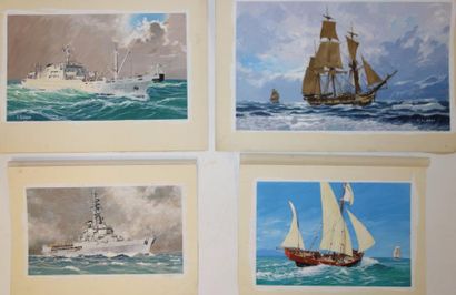 PIERRE JOUBERT (1910-2002) 

Lot de quatre dessins.

Voiliers et navires.

Gouache...