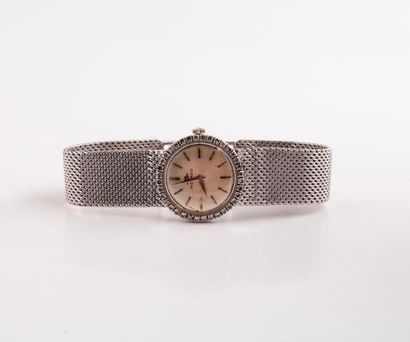 MOVADO 

Montre bracelet de dame en or gris (750).

Boîtier rond à lunette ornée...