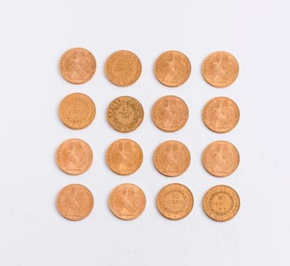 null FRANCE

Lot de 16 pièces en or de 20 Francs.

Paris, 1858 (x1) - 1875 (x2) -...