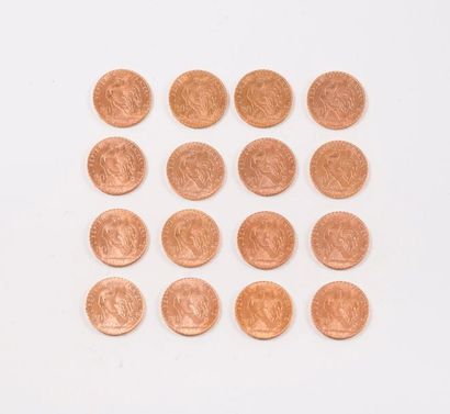 null FRANCE

Lot de 16 pièces en or de 20 Francs.

1907 (x14) - 1913 (x2).

Poids...