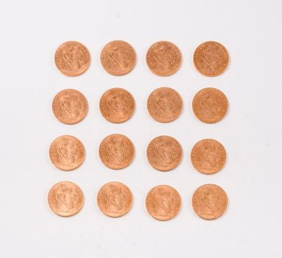 null FRANCE

Lot de 16 pièces en or de 20 Francs.

1908 (x1) - 1909 (x10) - 1912...