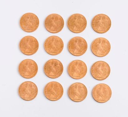 null FRANCE

Lot de 16 pièces en or de 20 Francs.

1910 (x9) - 1914 (x5).

Poids...
