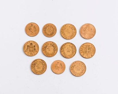 null FRANCE

- Lot de 7 pièces en or de 20 Francs.

Paris, 1857 (x1) - 1858 (x1)...