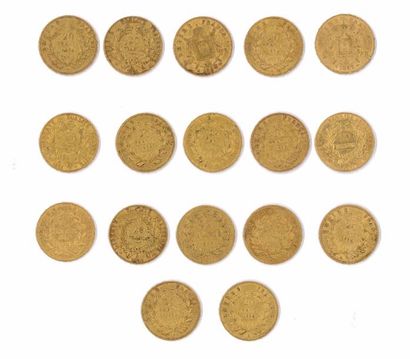 null FRANCE

Lot de 17 pièces en or de 20 Francs.

Paris, 1840 (x1) - 1850 (x1) -...