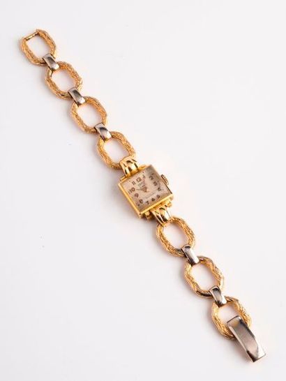 SAWYL 

Montre bracelet de dame.

Boîtier carré en or jaune (750), cadran à fond...