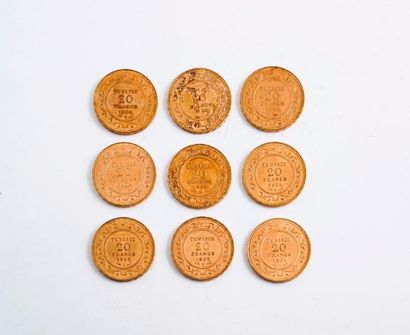 null TUNISIE (Protectorat français 1881-1956)

Lot de 9 pièces en or de 20 Francs...