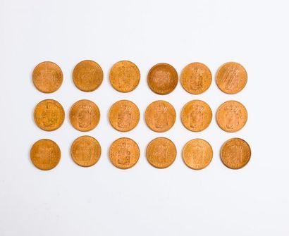 null PAYS BAS

Lot de 18 pièces en or de 10 Florins.

1876 (x1) - 1897 (x9) - 1917...