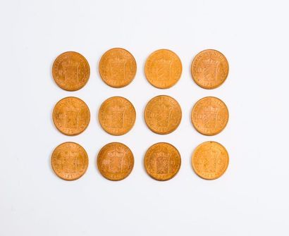 null PAYS BAS

Lot de 12 pièces en or de 10 Florins.

1917 (x11) - 1925 (x1)

Poids...