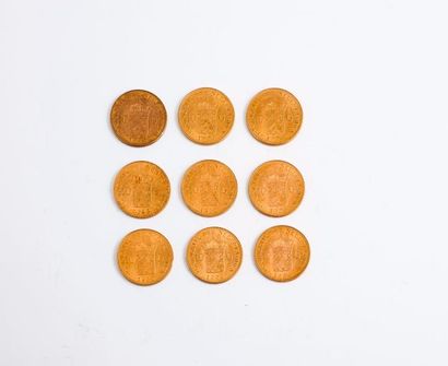 null PAYS BAS

Lot de 9 pièces en or de 10 Florins.

1925 (x1) - 1926 (x5) - 1932...
