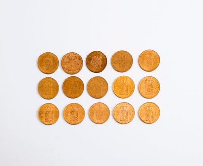 null PAYS BAS

Lot de 15 pièces en or de 10 Florins.

1875 (x5) - 1886 (x1) - 1897...