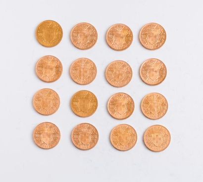 null SUISSE

Lot de 16 pièces en or de 20 Francs.

1930 (x3) - 1935 (x13).

Poids...