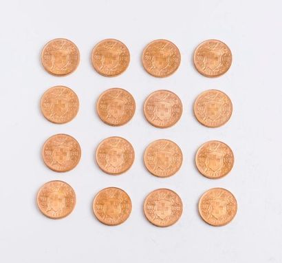 null SUISSE

Lot de 16 pièces en or de 20 Francs.

1935 (x10) - 1947 (x6).

Poids...