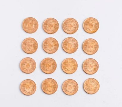null SUISSE

Lot de 16 pièces en or de 20 Francs. 1947.

Poids total : 103 g.

Bel...