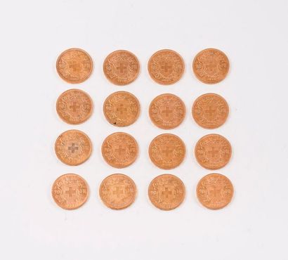 null SUISSE

Lot de 16 pièces en or de 20 Francs.

1915 (x1) - 1922 (x3) - 1925 (x10)...