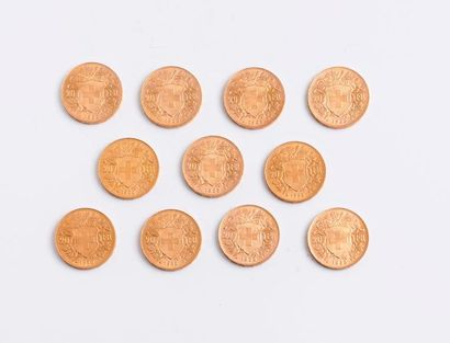 null SUISSE

Lot de 11 pièces en or de 20 Francs. 1935.

Poids total : 707 g.

Certaines...